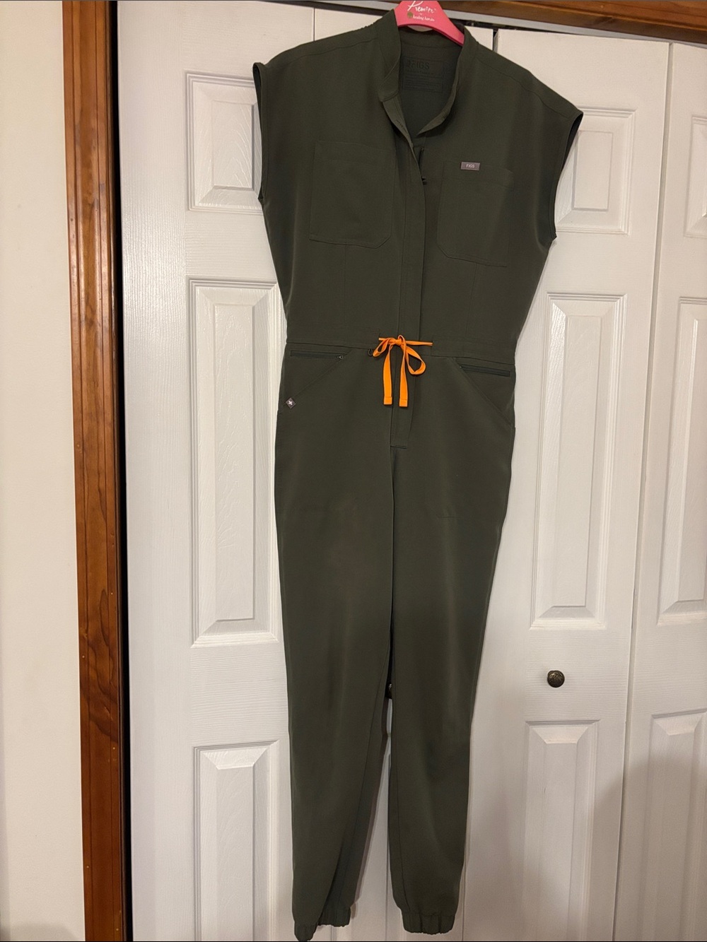 Figs Scrubs Olive Green Jumpsuit with Orange Drawstring